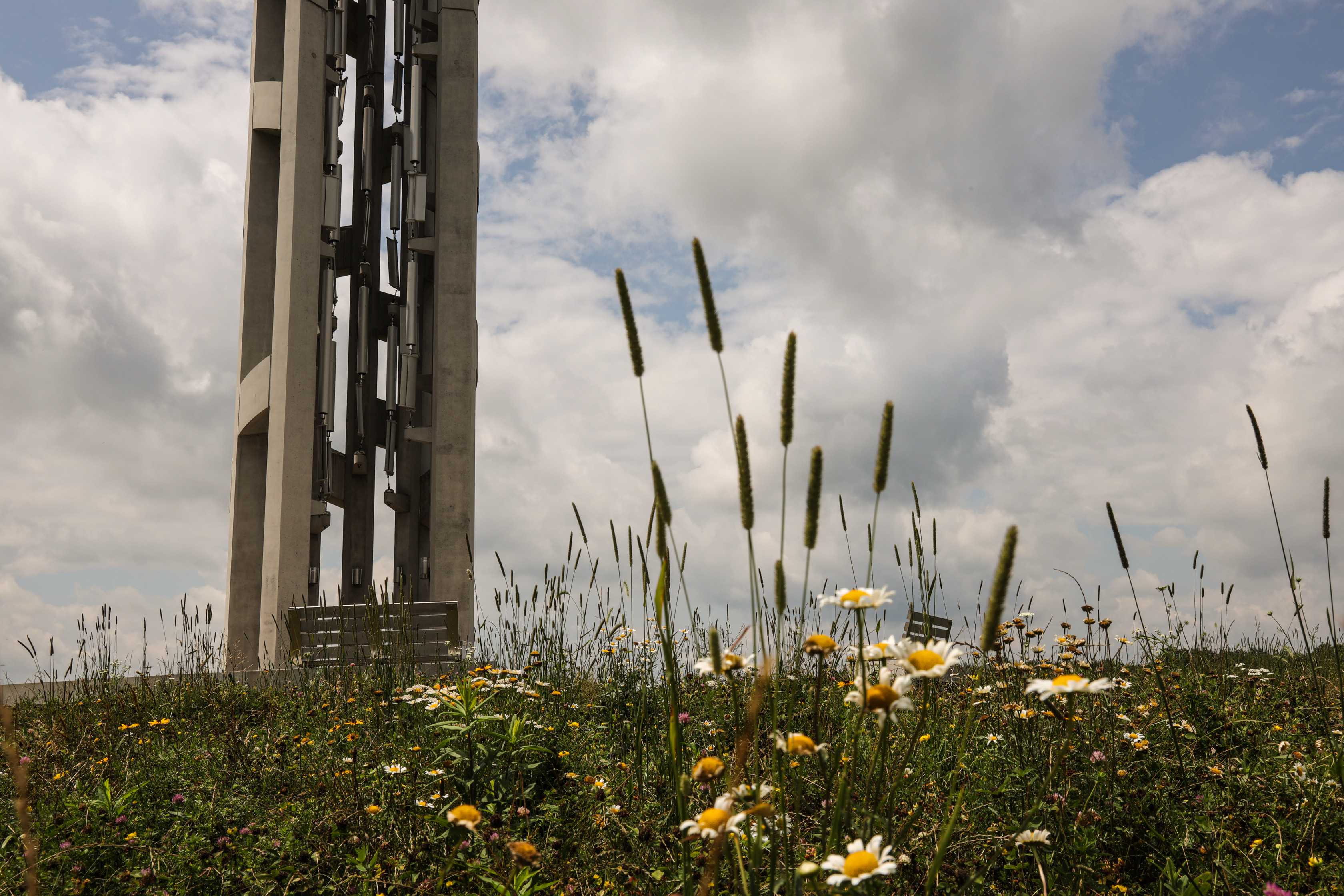 Photo of the Tower of Voices at the Flight 93 National Memorial that features 40 wind chimes - one for each victim.